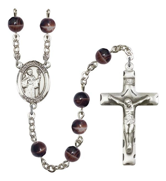 St. Augustine Rosary, 7mm Brown Glass Beads, Silver Plate, # 12053