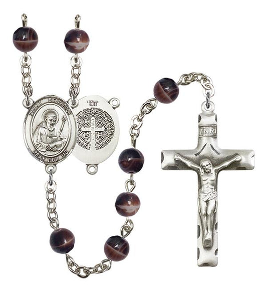 St. Benedict Rosary, 7mm Brown Glass Beads, Silver Plate, # 12055