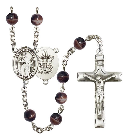 St. Brendan U.S. Navy Rosary, 7mm Brown Glass Beads, Silver Plate, # 12069