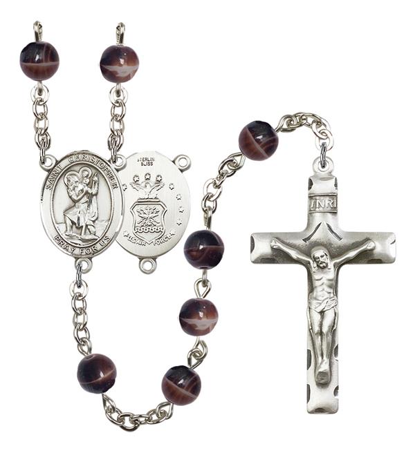 St. Christopher U.S. Air Force Rosary, 7mm Brown Glass Beads, Silver Plate, # 12076