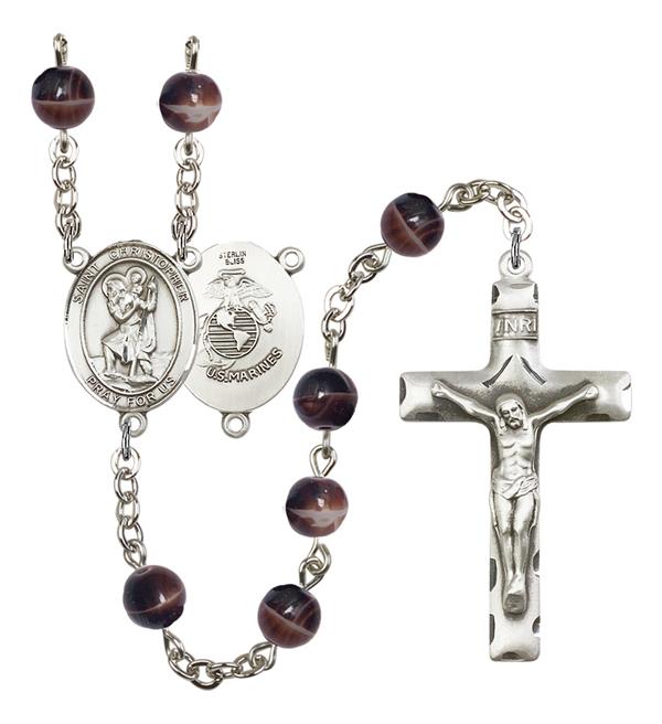 St. Christopher U.S. Marines Rosary, 7mm Brown Glass Beads, Silver Plate, # 12080