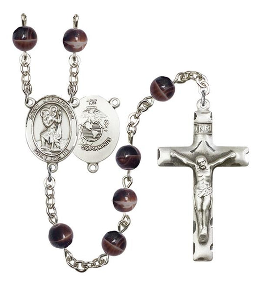 St. Christopher U.S. Marines Rosary, 7mm Brown Glass Beads, Silver Plate, # 12080