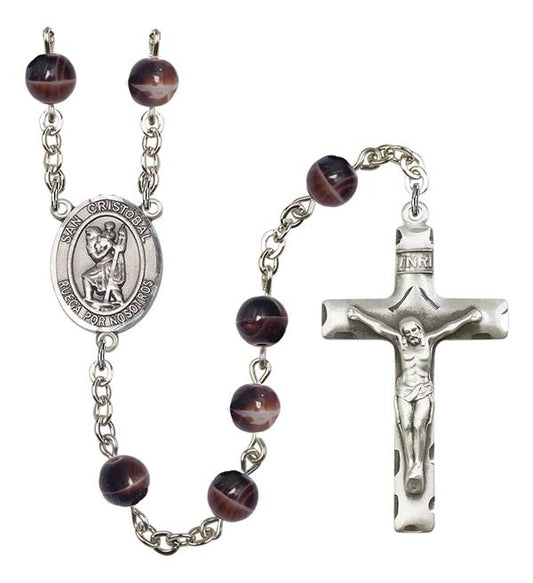San Cristobal Spanish Rosary, 7mm Brown Glass Beads, Silver Plate, # 12084