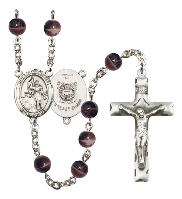 St. Joan of Arc U.S. Coast Guard Rosary, 7mm Brown Glass Beads, Silver Plate, # 12127