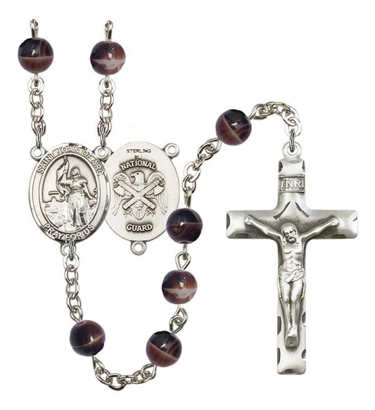 St. Joan of Arc National Guard Rosary, 7mm Brown Glass Beads, Silver Plate, # 12128