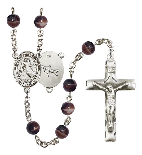 St. Joseph of Cupertino Pilot's Rosary, 7mm Brown Glass Beads, Silver Plate, # 12132