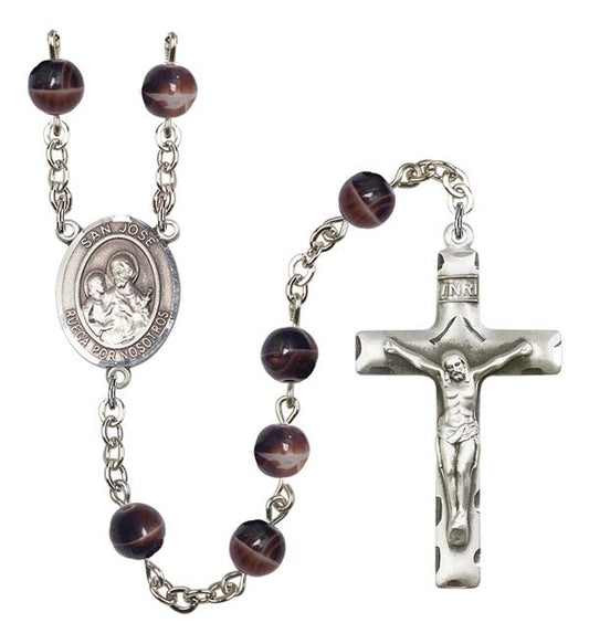 San Jose Rosary, 7mm Brown Glass Beads, Silver Plate, # 12134