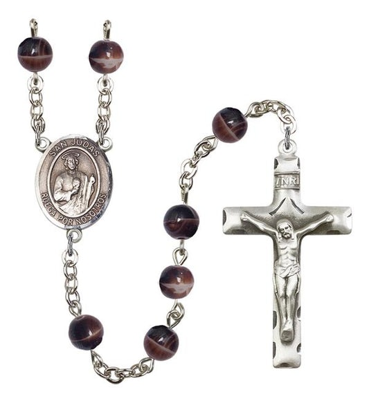 San Judas Spanish Rosary, 7mm Brown Glass Beads, Silver Plate, # 12137