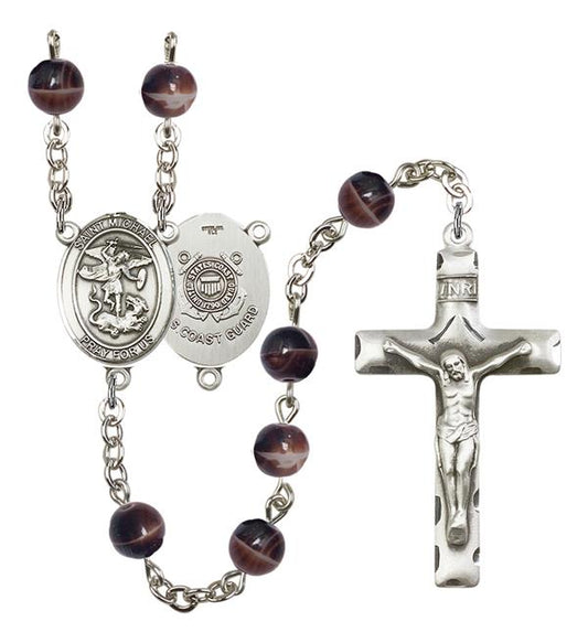 St. Michael U.S. Coast Guard Rosary, 7mm Brown Glass Beads, Silver Plate, # 12159