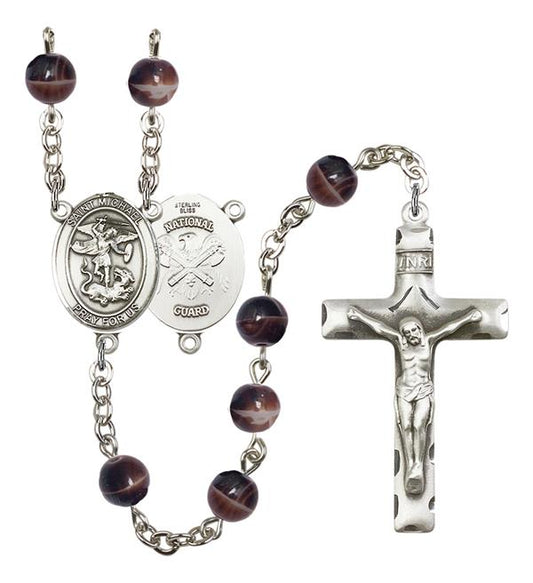 St. Michael National Guard Rosary, 7mm Brown Glass Beads, Silver Plate, # 12161