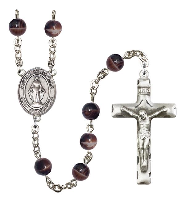 Virgen Milagosa Spanish Rosary, 7mm Brown Glass Beads, Silver Plate, # 12167
