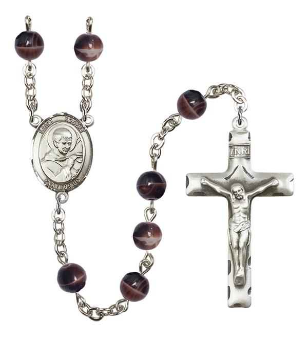 St. Robert Rosary, 7mm Brown Glass Beads, Silver Plate, # 12189