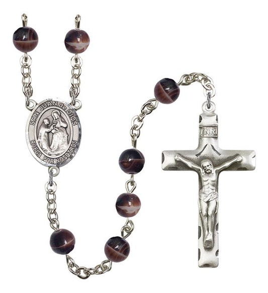 San Juan de Dios Spanish Rosary, 7mm Brown Glass Beads, Silver Plate, # 12207