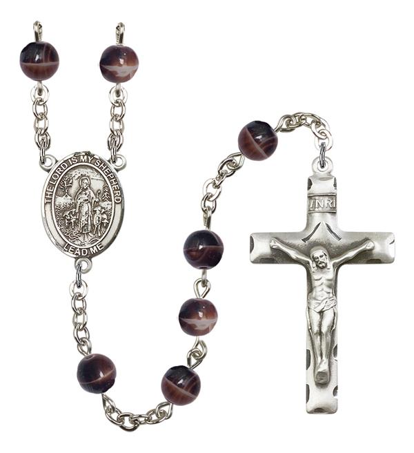The Lord is my Shepherd Rosary, 7mm Brown Glass Beads, Silver Plate, # 12223