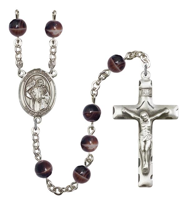 St. Ursula Rosary, 7mm Brown Glass Beads, Silver Plate, # 12233