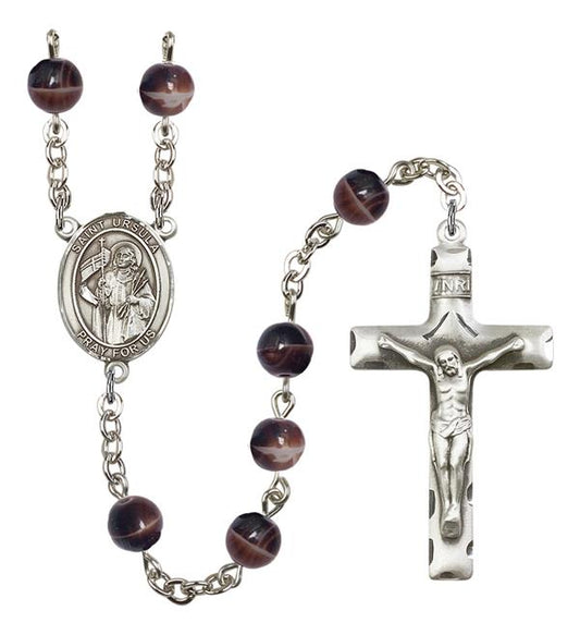 St. Ursula Rosary, 7mm Brown Glass Beads, Silver Plate, # 12233