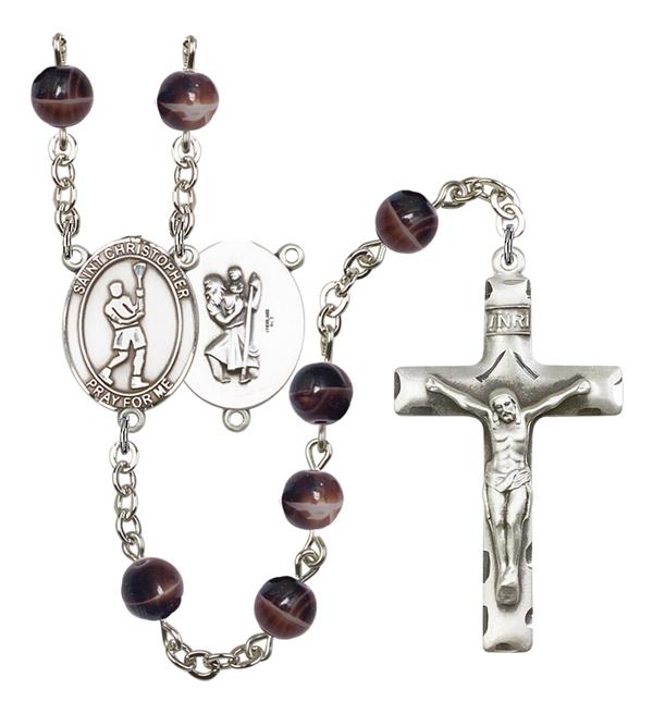St. Christopher / Lacrosse Rosary, 7mm Brown Glass Beads, Silver Plate, # 12249