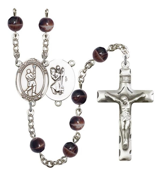 St. Christopher / Lacrosse Rosary, 7mm Brown Glass Beads, Silver Plate, # 12249