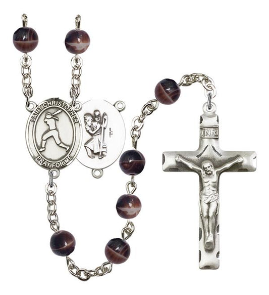 St. Christopher / Women's Softball Rosary, 7mm Brown Glass Beads, Silver Plate, # 12250