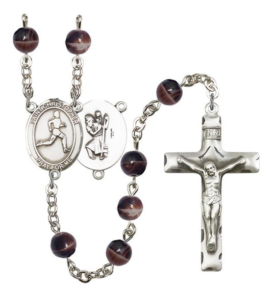 St. Christopher / Women's Track & Field Rosary, 7mm Brown Glass Beads, Silver Plate, # 12251