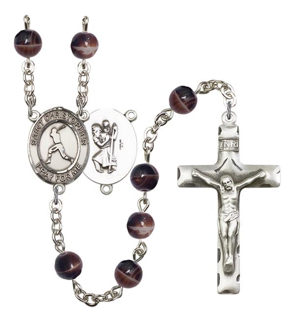 St. Christopher / Baseball Rosary, 7mm Brown Glass Beads, Silver Plate, # 12252