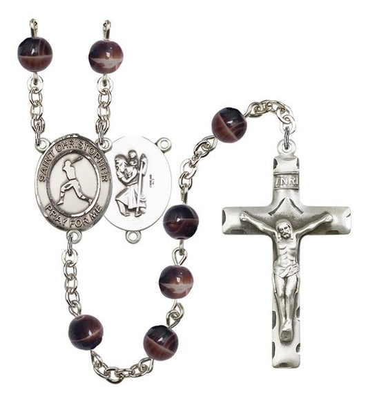 St. Christopher / Baseball Rosary, 7mm Brown Glass Beads, Silver Plate, # 12252