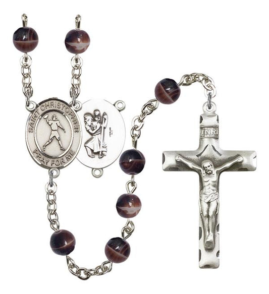 St. Christopher / Football Rosary, 7mm Brown Glass Beads, Silver Plate, # 12253