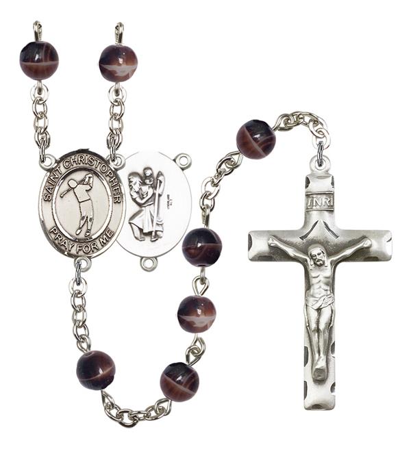 St. Christopher / Golf Rosary, 7mm Brown Glass Beads, Silver Plate, # 12254