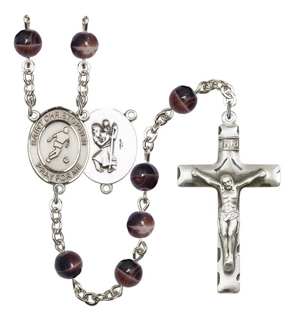St. Christopher / Soccer Rosary, 7mm Brown Glass Beads, Silver Plate, # 12256