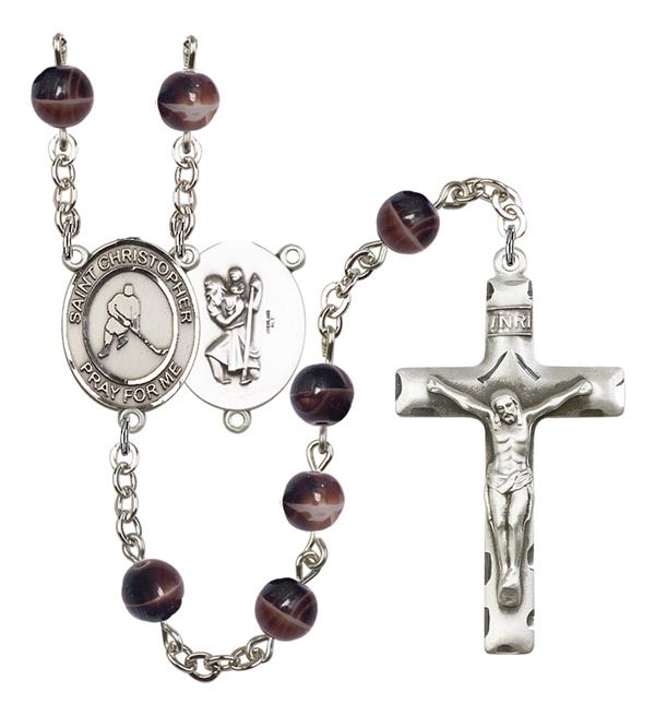 St. Christopher / Ice Hockey Rosary, 7mm Brown Glass Beads, Silver Plate, # 12257