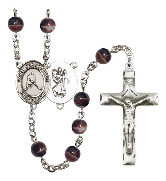 St. Christopher / Ice Hockey Rosary, 7mm Brown Glass Beads, Silver Plate, # 12257