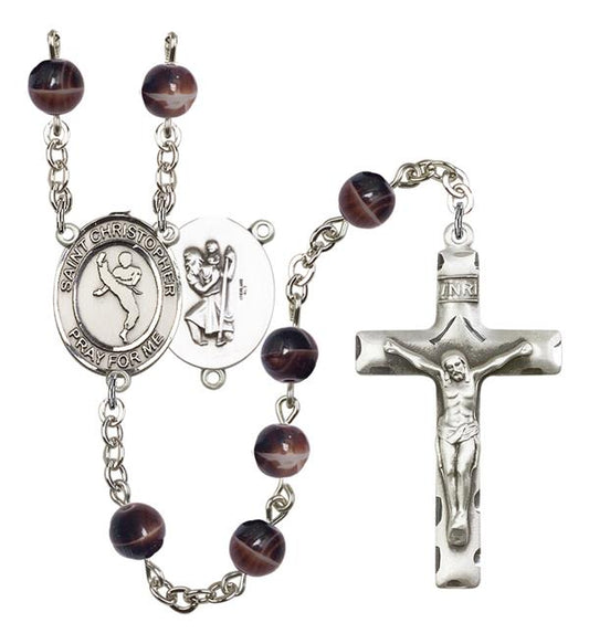 St. Christopher / Martial Arts Rosary, 7mm Brown Glass Beads, Silver Plate, # 12260