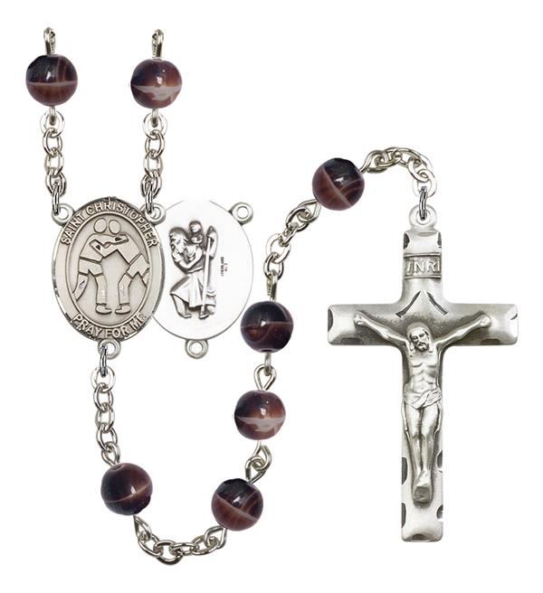 St. Christopher / Wrestling Rosary, 7mm Brown Glass Beads, Silver Plate, # 12261