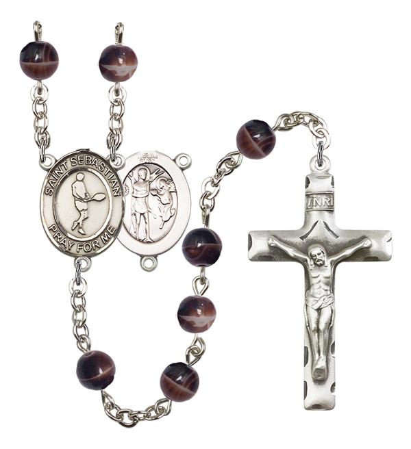 St. Sebastian / Tennis Rosary, 7mm Brown Glass Beads, Silver Plate, # 12268