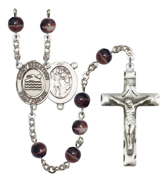 St. Sebastian / Swimming Rosary, 7mm Brown Glass Beads, Silver Plate, # 12269