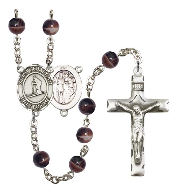 St. Sebastian / Skiing Rosary, 7mm Brown Glass Beads, Silver Plate, # 12271
