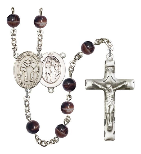 St. Sebastian / Wrestling Rosary, 7mm Brown Glass Beads, Silver Plate, # 12273