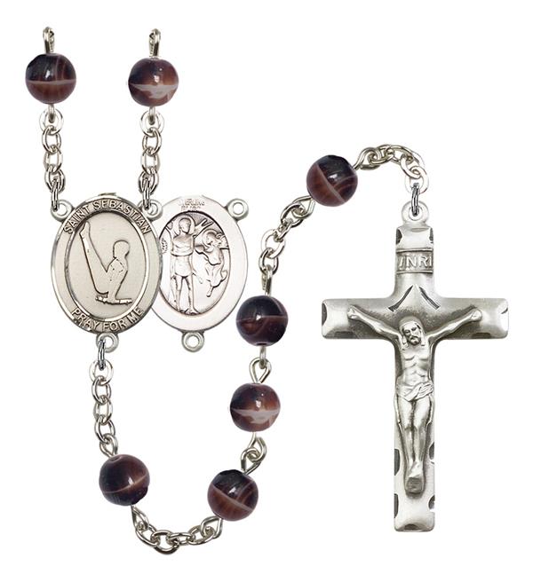 St. Sebastian / Gymnastics Rosary, 7mm Brown Glass Beads, Silver Plate, # 12274