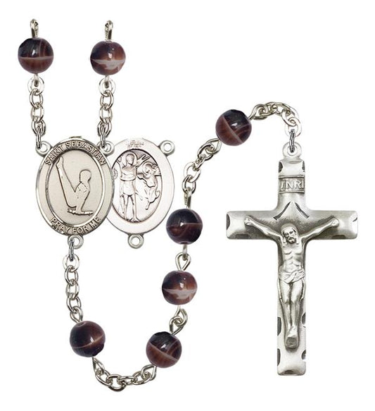 St. Sebastian / Gymnastics Rosary, 7mm Brown Glass Beads, Silver Plate, # 12274