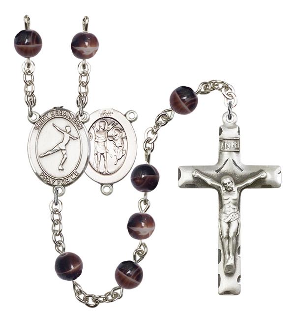 St. Sebastian / Figure Skating Rosary, 7mm Brown Glass Beads, Silver Plate, # 12279