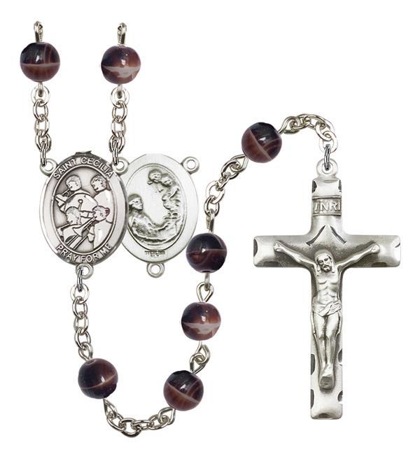 St. Cecilia / Marching Band Rosary, 7mm Brown Glass Beads, Silver Plate, # 12281