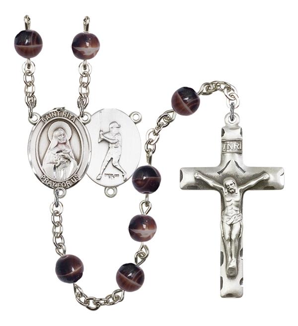 St. Rita / Baseball Rosary, 7mm Brown Glass Beads, Silver Plate, # 12283