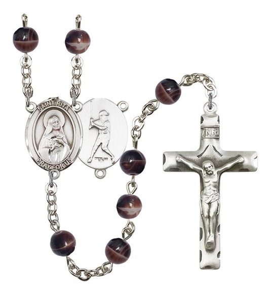 St. Rita / Baseball Rosary, 7mm Brown Glass Beads, Silver Plate, # 12283