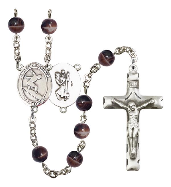 St. Christopher / Surfing Rosary, 7mm Brown Glass Beads, Silver Plate, # 12286