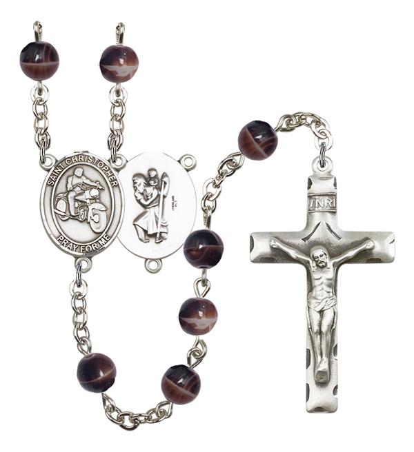 St. Christopher / Motorcycle Rosary, 7mm Brown Glass Beads, Silver Plate, # 12287