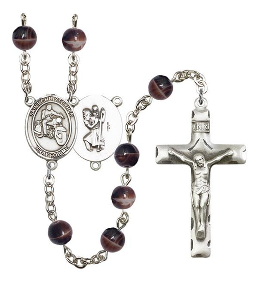 St. Christopher / Motorcycle Rosary, 7mm Brown Glass Beads, Silver Plate, # 12287