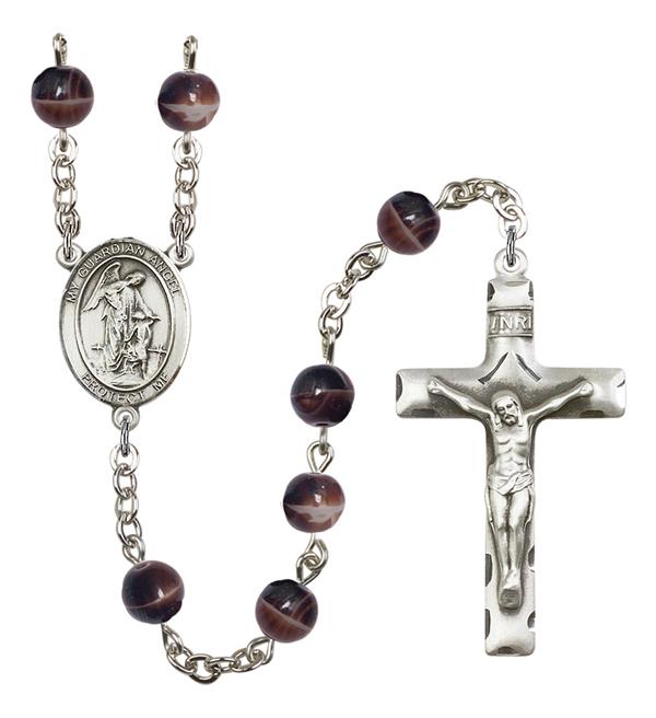 St. Sebastian / Fishing Rosary, 7mm Brown Glass Beads, Silver Plate, # 12290