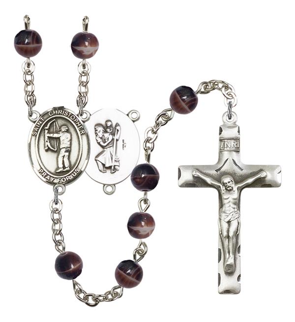 St. Christopher / Archery Rosary, 7mm Brown Glass Beads, Silver Plate, # 12292