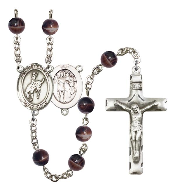 St. Sebastian / Rodeo Rosary, 7mm Brown Glass Beads, Silver Plate, # 12293