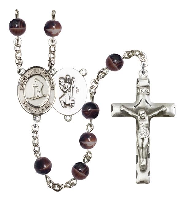 St. Christopher / Skiing Rosary, 7mm Brown Glass Beads, Silver Plate, # 12295
